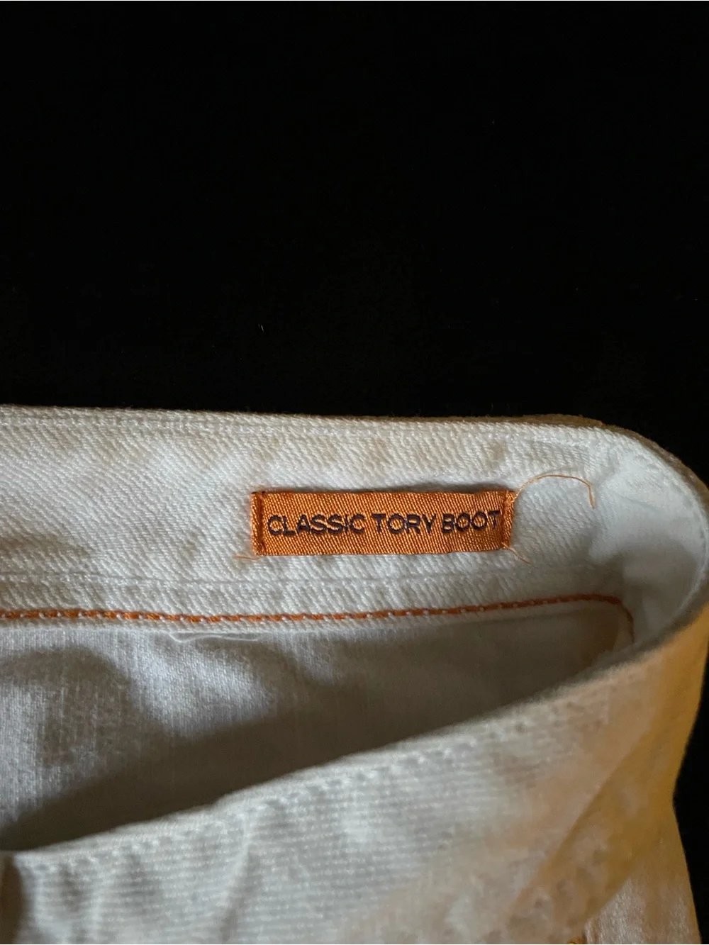 Tory Burch White Denim Jeans with Orange Logo Tag